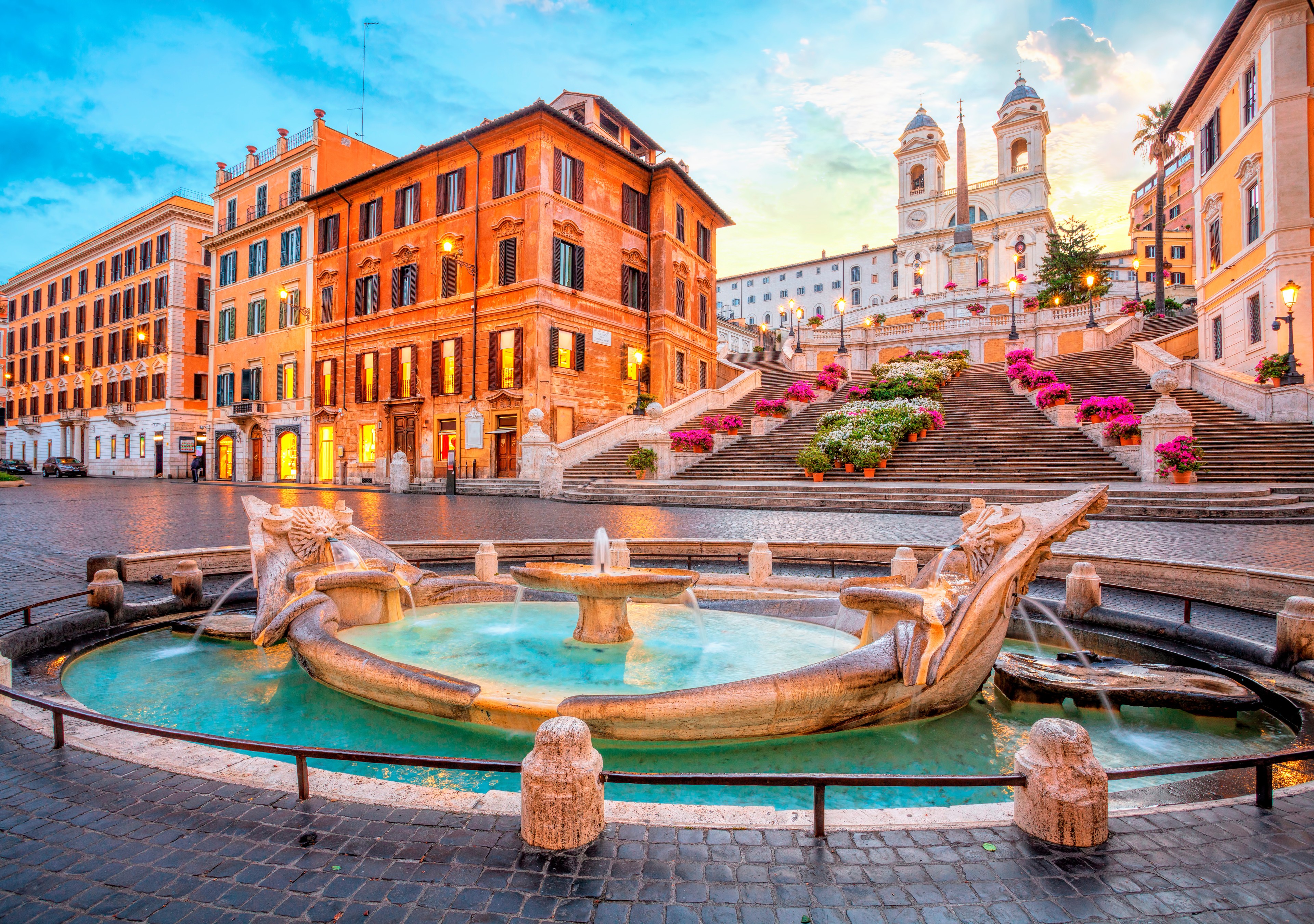 Spanish Steps and Fontana della Barcaccia in Rome at sunrise